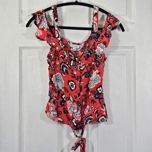 Love Fire Red Floral Cold Shoulder Button Down Summer Shirt Size Small